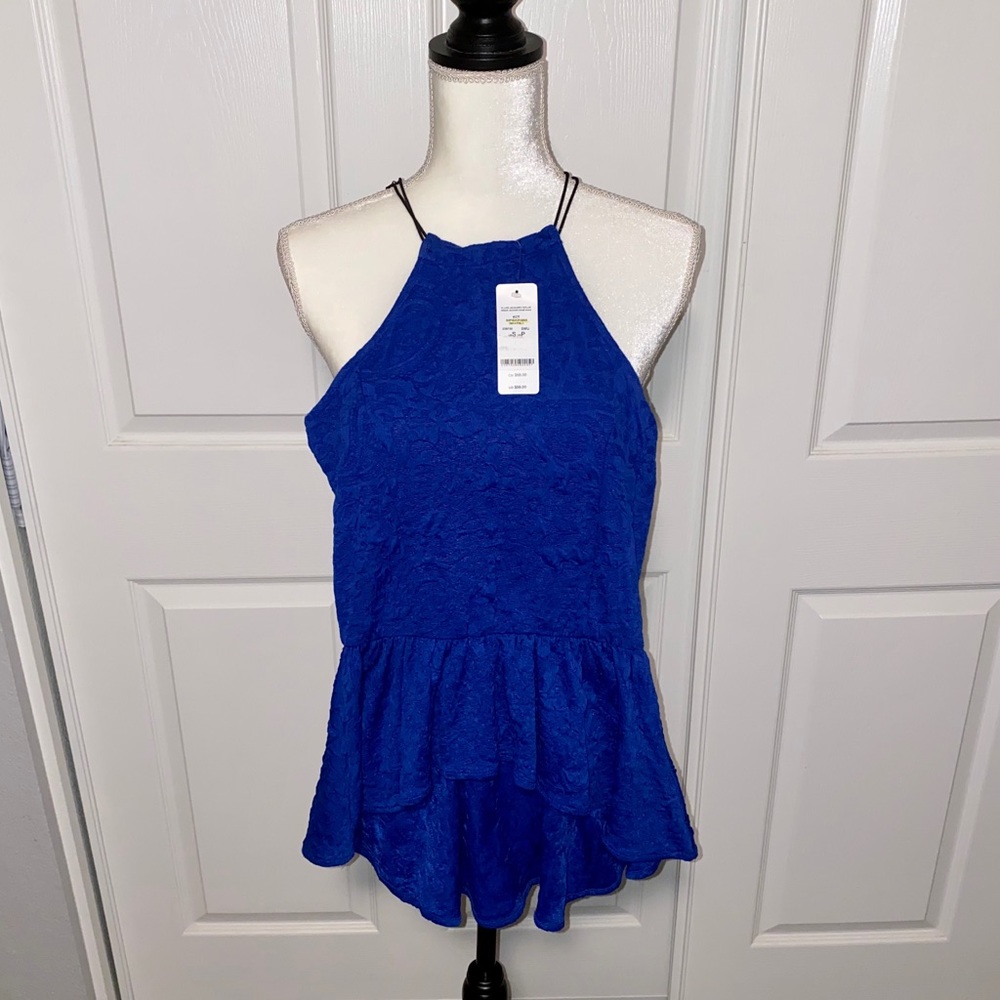 NWT BeBe Hi-Low Peplum Blue Top